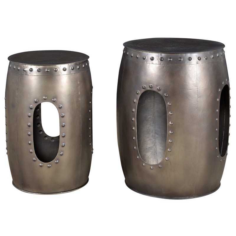 Pemberly Row Cast Iron Occasional Tables with Hammered Top in Nickel (Set of 2)