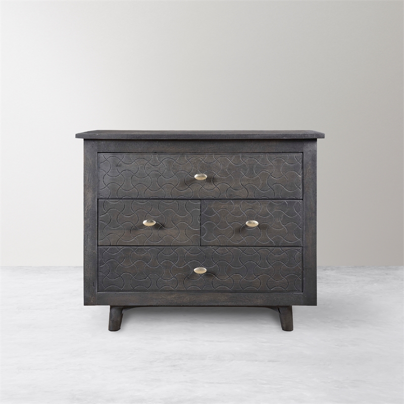 Pemberly Row Hand-Carved 4-Drawer Mango Wood Nightstand in Gray Wash