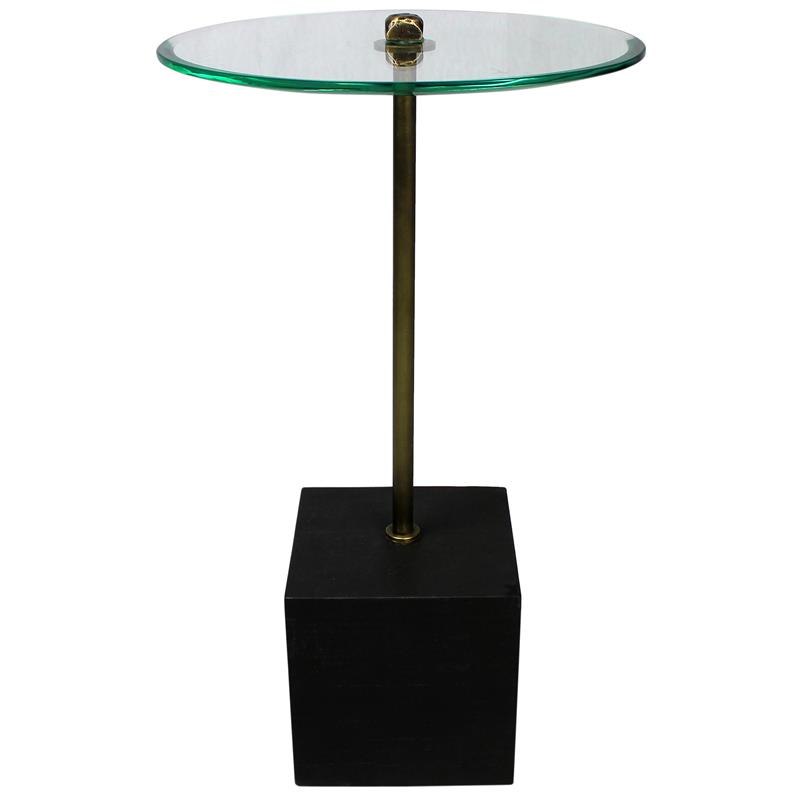 Pemberly Row Art Deco Cast Iron Side Table with Stone Base & Glass Top in Black