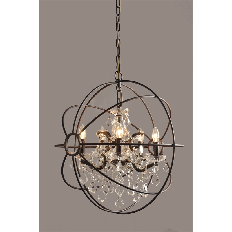 Pemberly Row Cast Iron Globe Pendant with Chinese Crystal Accents in Brown