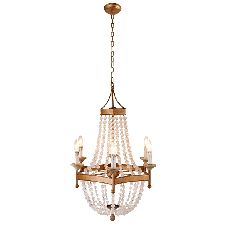Pemberly Row 6-Light Frosted Glass Bead Pendant on Wood and Iron in Antique Gold
