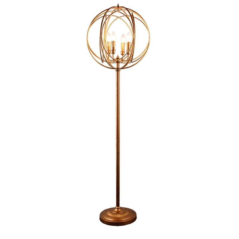 Pemberly Row 4-Light Spherical Cage Floor Lamp in Antique Gold Cast Iron