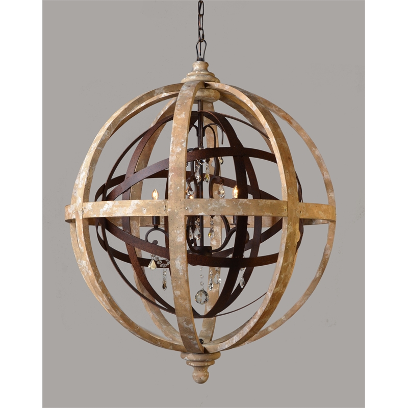 Pemberly Row Cast Iron and Solid Wood Globe Pendant with Crystals in Brown