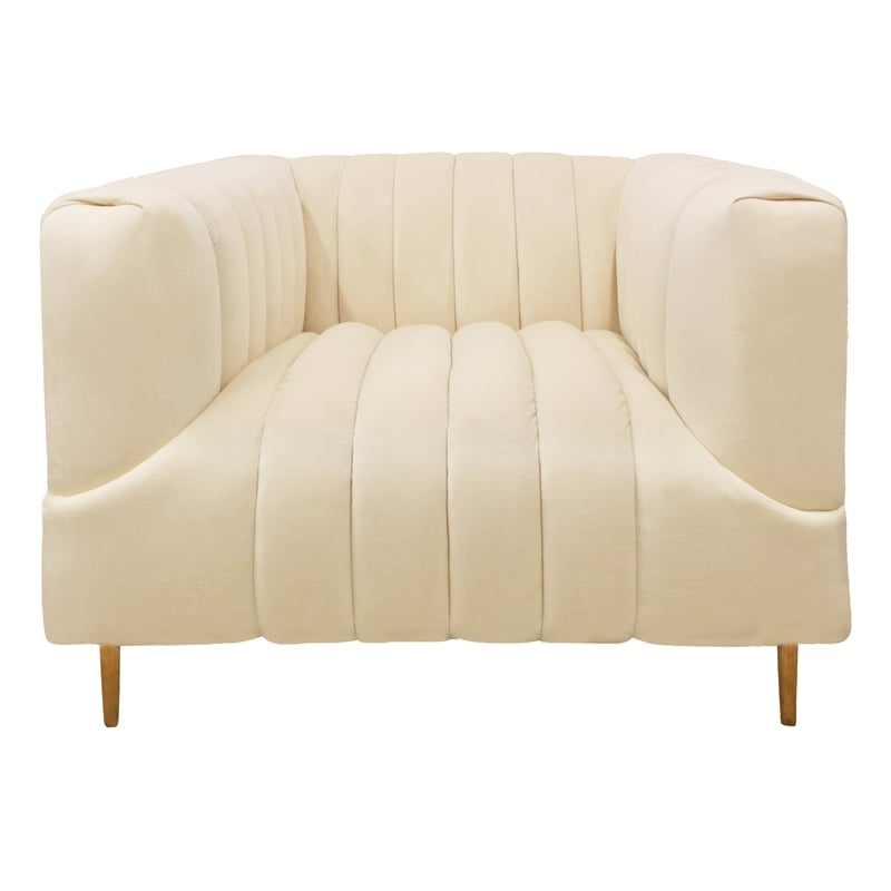 Pemberly Row Channel-Tufted Lounge Chair with Gold Legs in Ivory Velvet