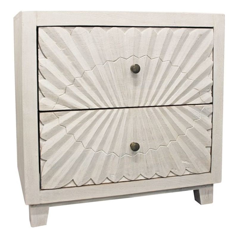 Pemberly Row 2-Drawer Mango Wood Nightstand with Hand-Carved Detail - White Wash