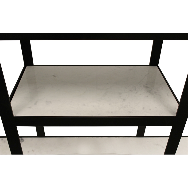 Pemberly Row Cast Iron Bar Console with Marble Shelves and Glass Top in Black