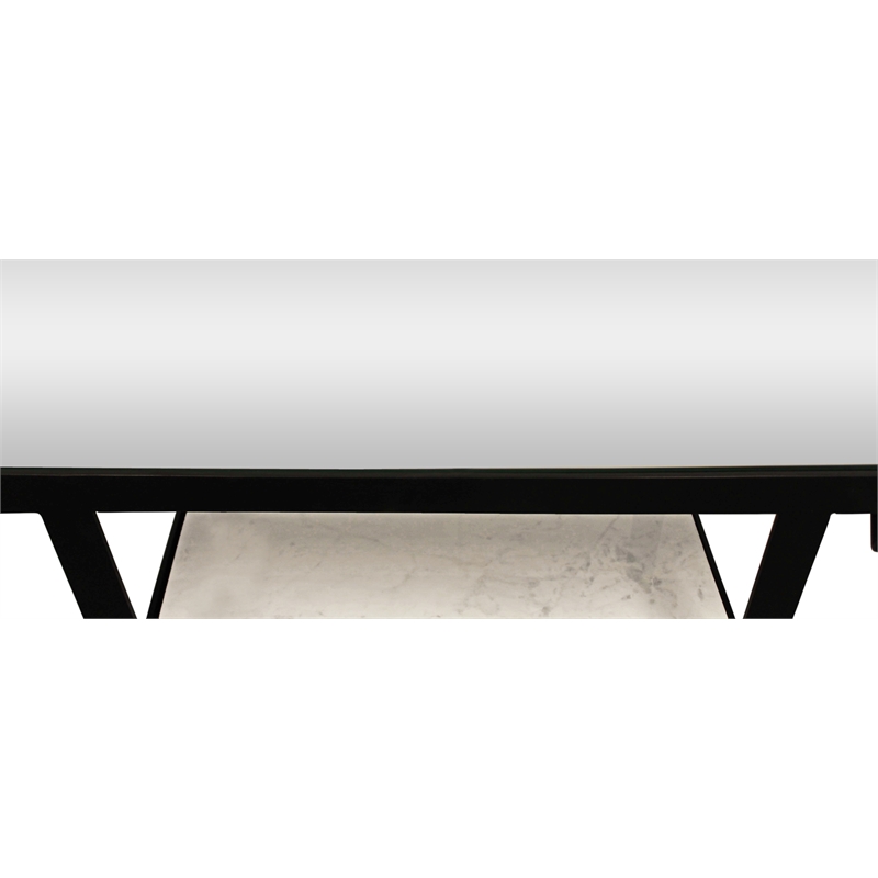 Pemberly Row Cast Iron Bar Console with Marble Shelves and Glass Top in Black