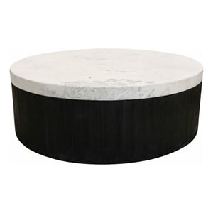 Pemberly Row Hand-Crafted Marble Top Cocktail Table with Solid Wood Base - Black