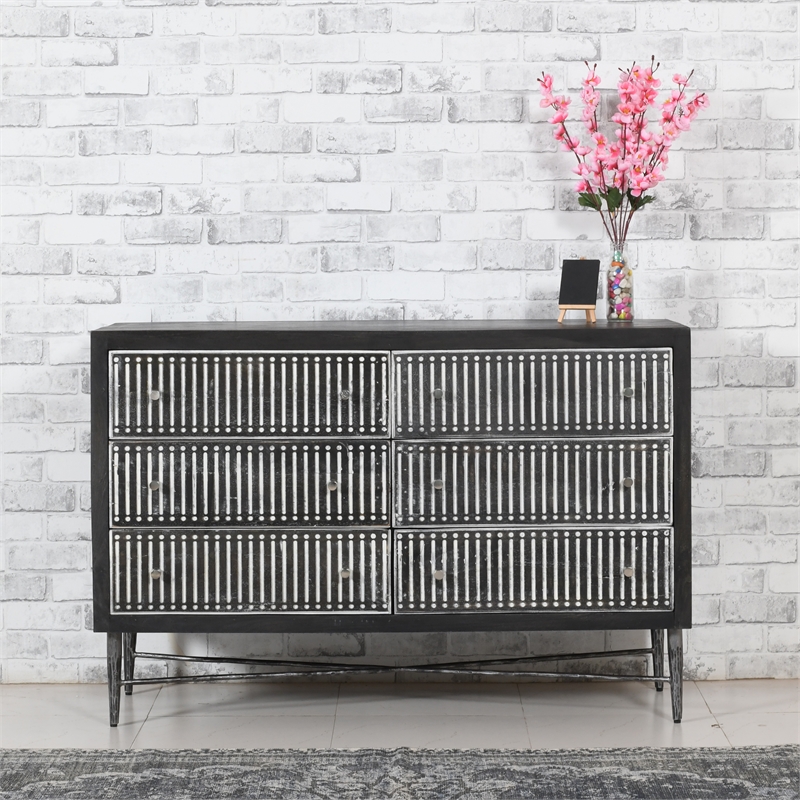 Pemberly Row Hand-Carved 6-Drawer Mango Wood Chest on Forged Iron in Brown