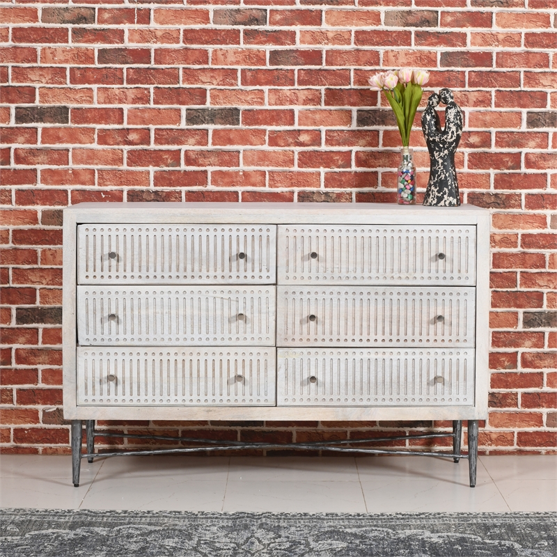 Pemberly Row Hand-Carved 6-Drawer Mango Wood Brushed Ivory Chest on Forged Iron