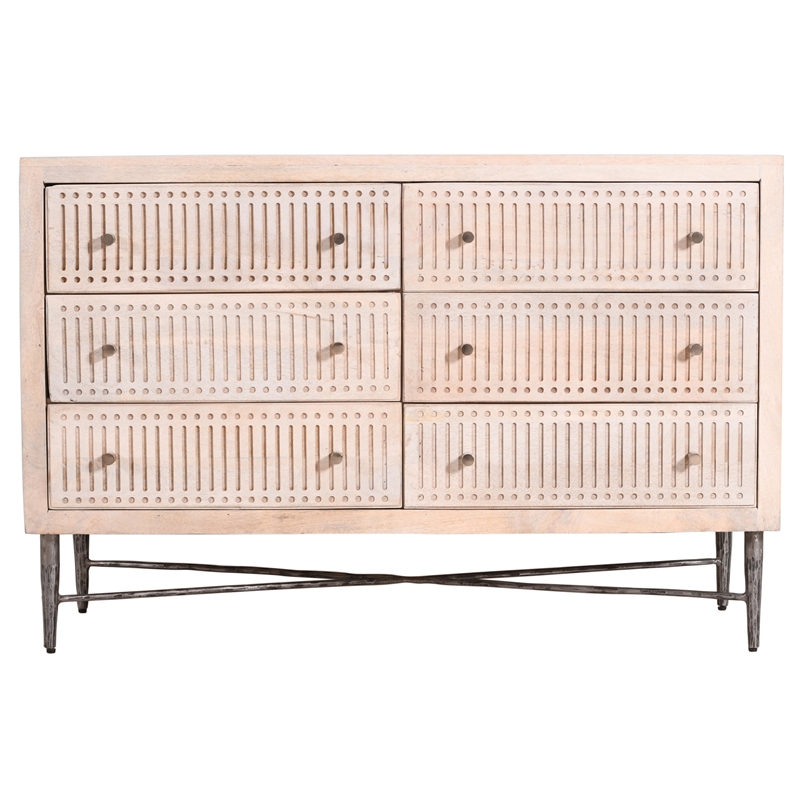 Pemberly Row Hand-Carved 6-Drawer Mango Wood Brushed Ivory Chest on Forged Iron