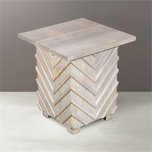 Pemberly Row Mango Solid Wood End Table with Zig-Zag Pattern in White Wash
