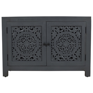 Pemberly Row 2-Door Solid Mango Wood Accent Cabinet with Carved Doors in Gray