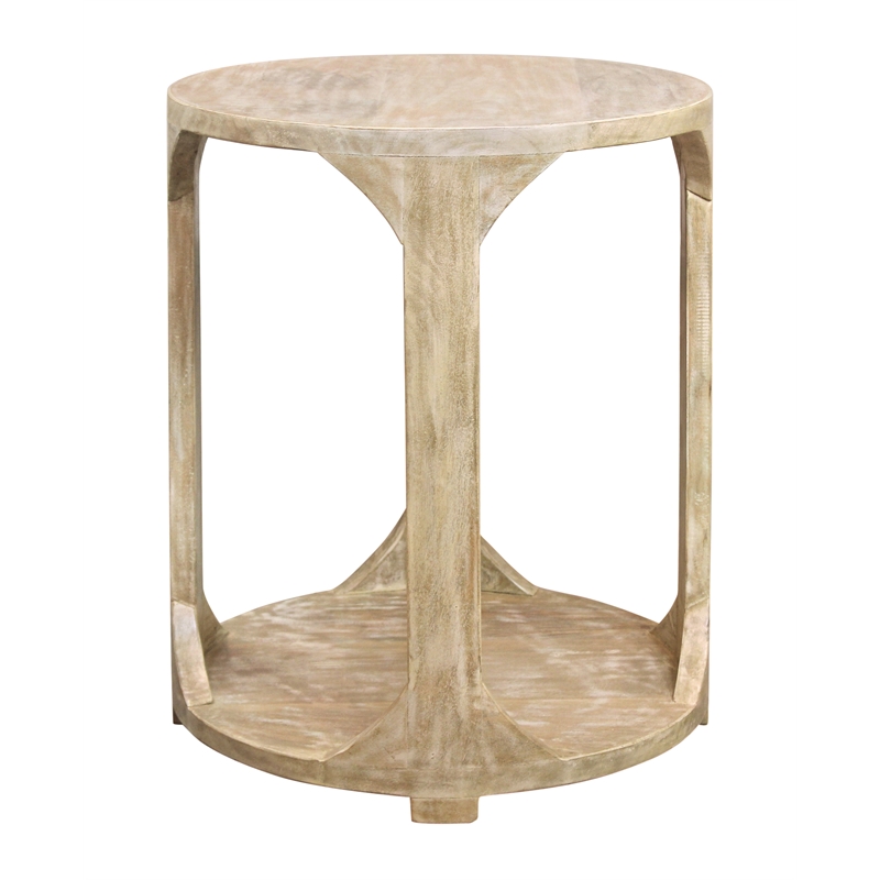 Pemberly Row Round Solid Mango Wood End Table with Shelf in Coastal Natural