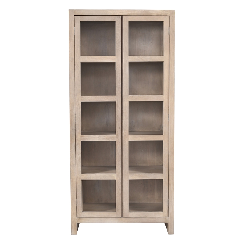Pemberly Row Reclaimed Solid Wood Glass Cabinet in Light Ash Ivory Finish