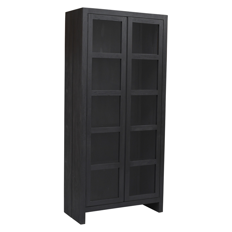 Pemberly Row Reclaimed Solid Wood Glass Cabinet in Graphite Black Finish