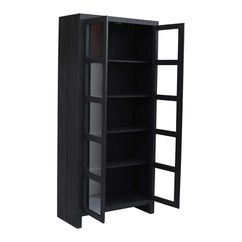 Pemberly Row Reclaimed Solid Wood Glass Cabinet in Graphite Black Finish