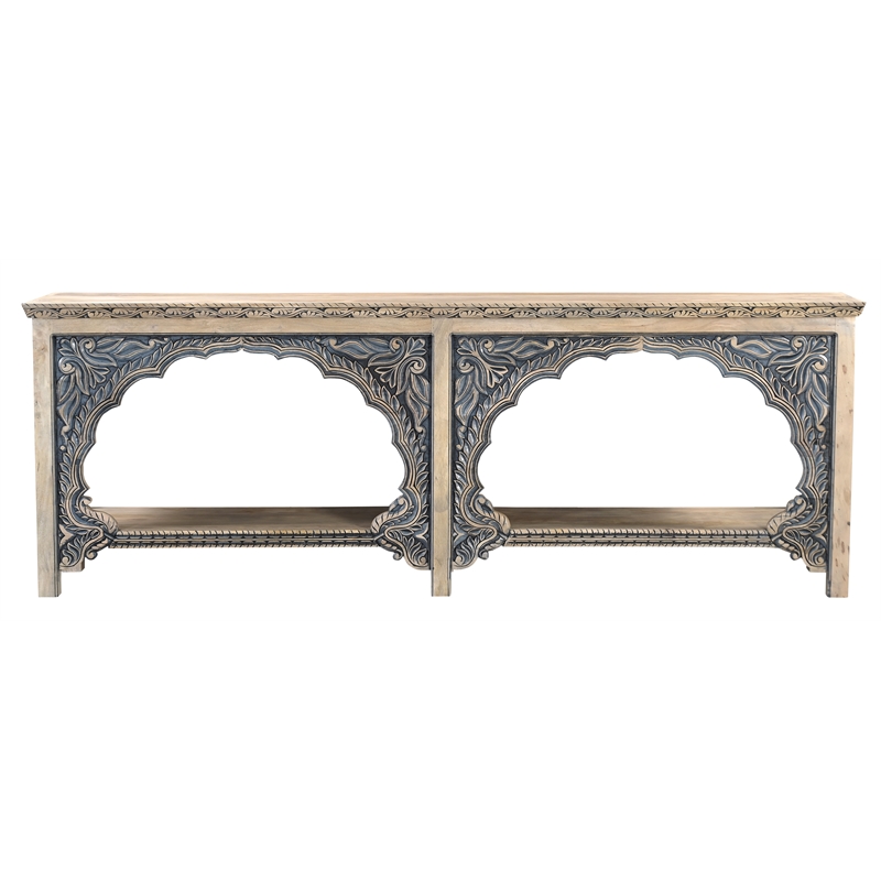 Pemberly Row Hand-Carved Solid Mango Wood Console Table in Ivory and Blue