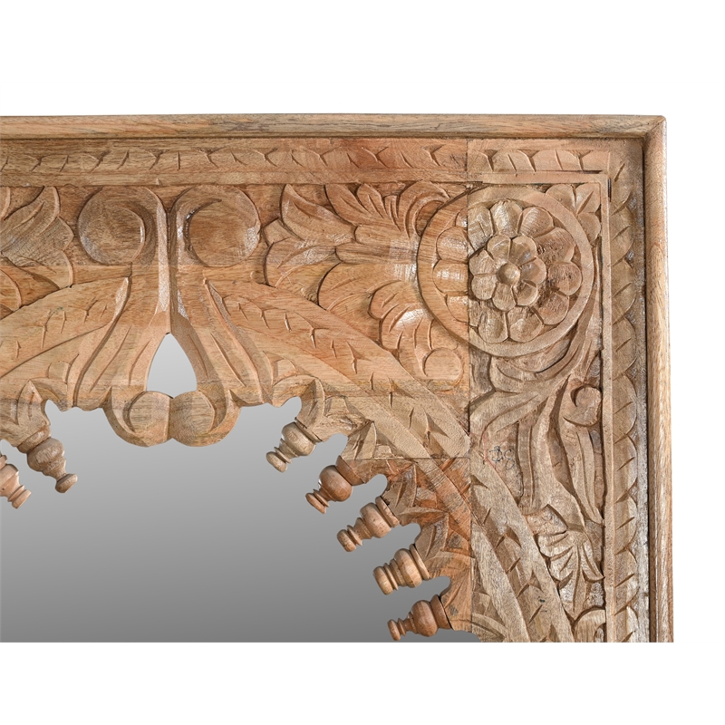 Pemberly Row Hand-Carved Solid Mango Wood Mirror in Natural Finish