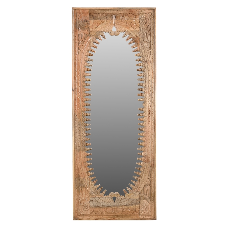 Pemberly Row Hand-Carved Solid Mango Wood Mirror in Natural Finish