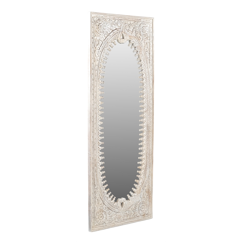 Pemberly Row Hand-Carved Solid Mango Wood Mirror in Distressed White