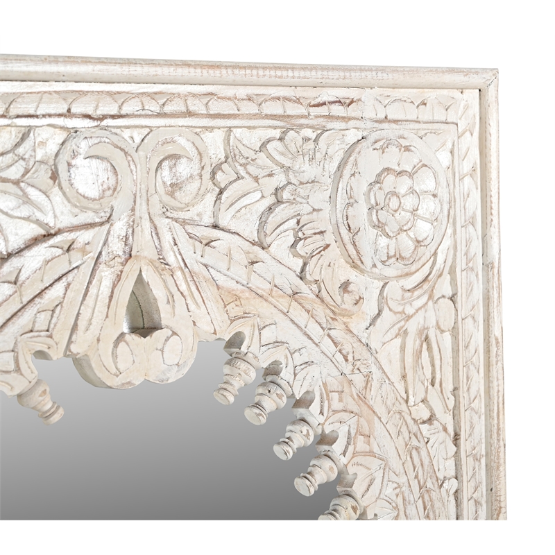 Pemberly Row Hand-Carved Solid Mango Wood Mirror in Distressed White