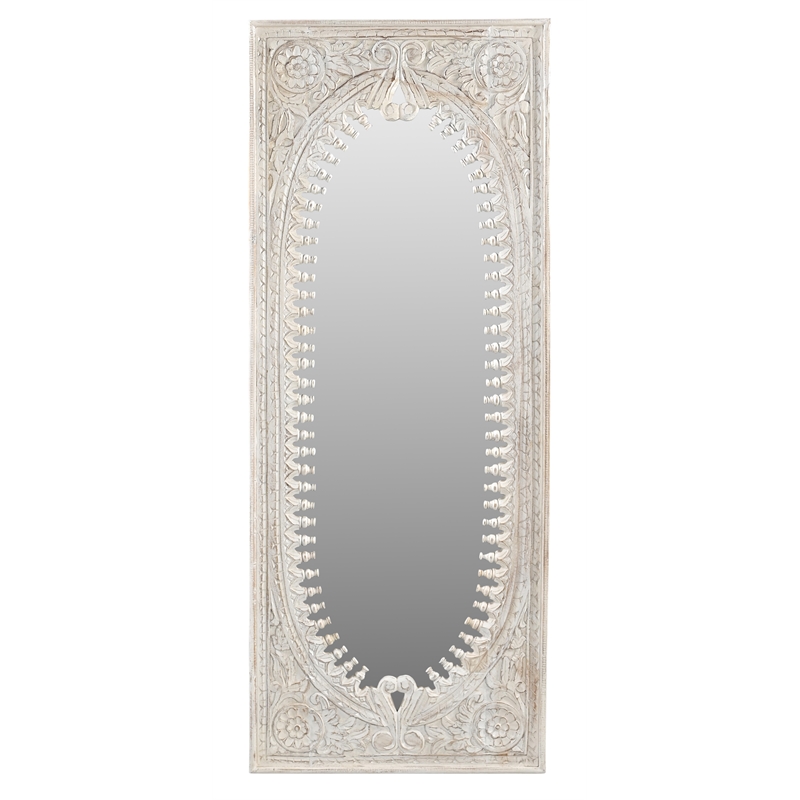 Pemberly Row Hand-Carved Solid Mango Wood Mirror in Distressed White