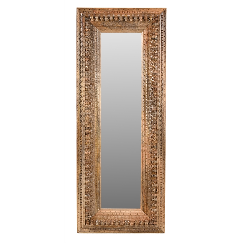 Pemberly Row Hand-Carved Solid Mango Wood Mirror in Natural Finish