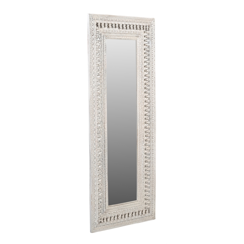 Pemberly Row Hand-Carved Solid Mango Wood Mirror in Distressed White