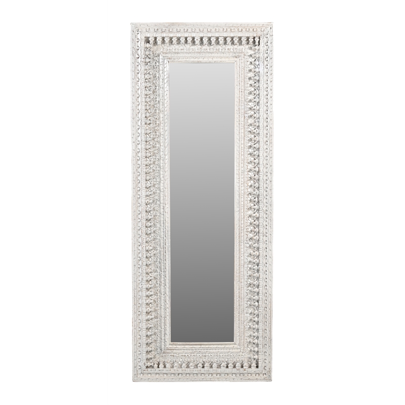 Pemberly Row Hand-Carved Solid Mango Wood Mirror in Distressed White