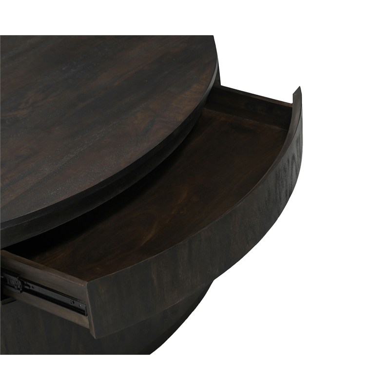 Pemberly Row 2-Drawer Solid Mango Wood Round Cocktail Table in Barista Brown