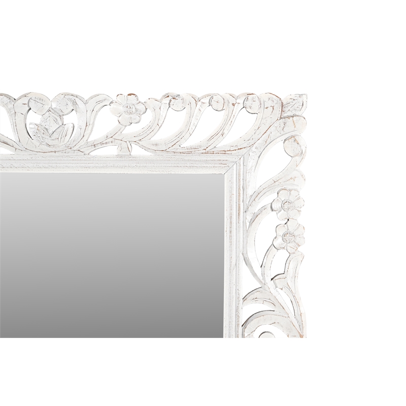 Pemberly Row Hand-Carved Solid Mango Wood Mirror in Distressed White