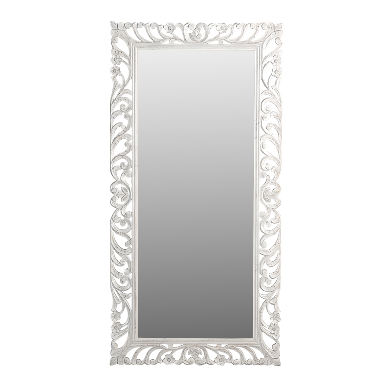 Pemberly Row Hand-Carved Solid Mango Wood Mirror in Distressed White