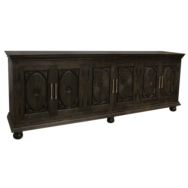 Pemberly Row 6-Door Hand-Carved Solid Wood Sideboard in Antique Black