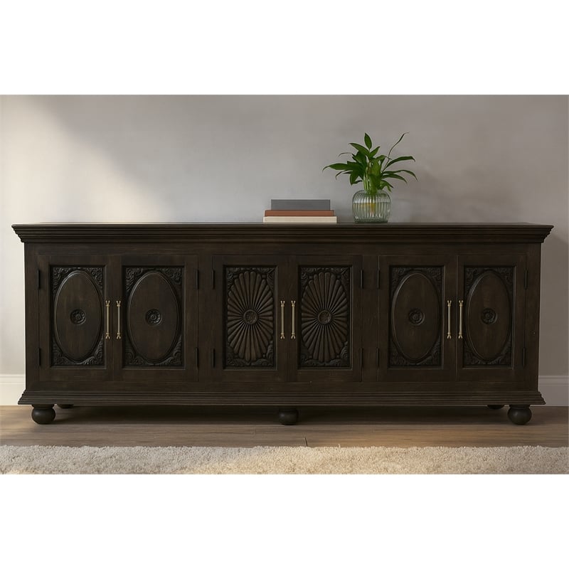 Pemberly Row 6-Door Hand-Carved Solid Wood Sideboard in Antique Black
