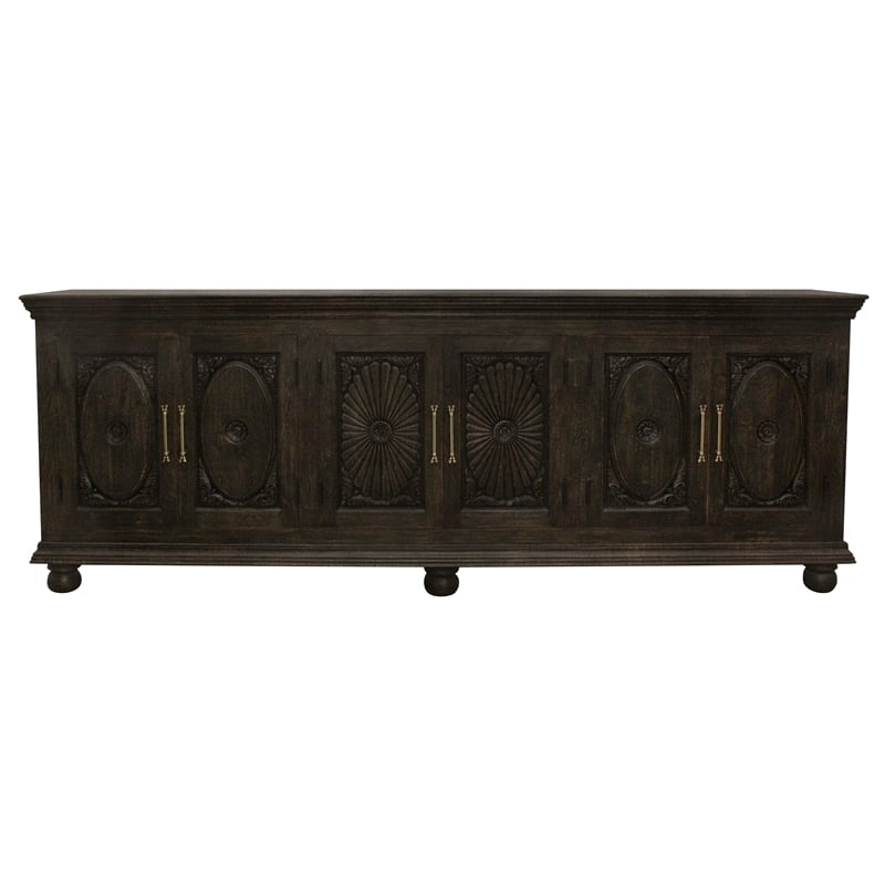 Pemberly Row 6-Door Hand-Carved Solid Wood Sideboard in Antique Black