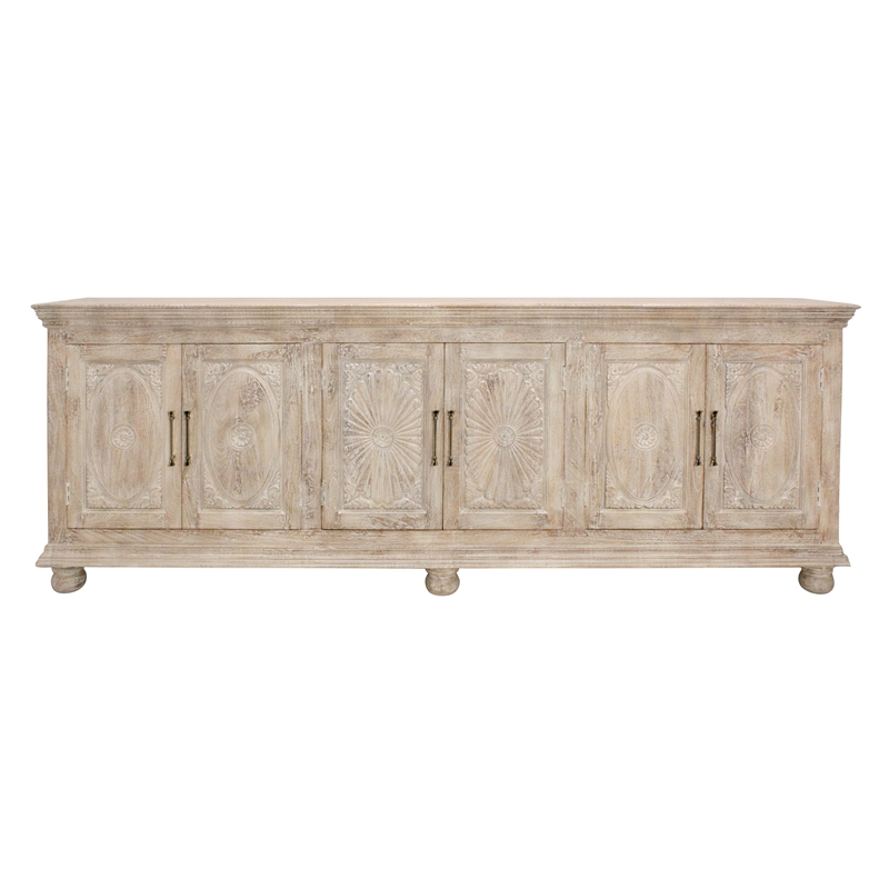 Pemberly Row 6-Door Hand-Carved Solid Wood Sideboard in Distressed White
