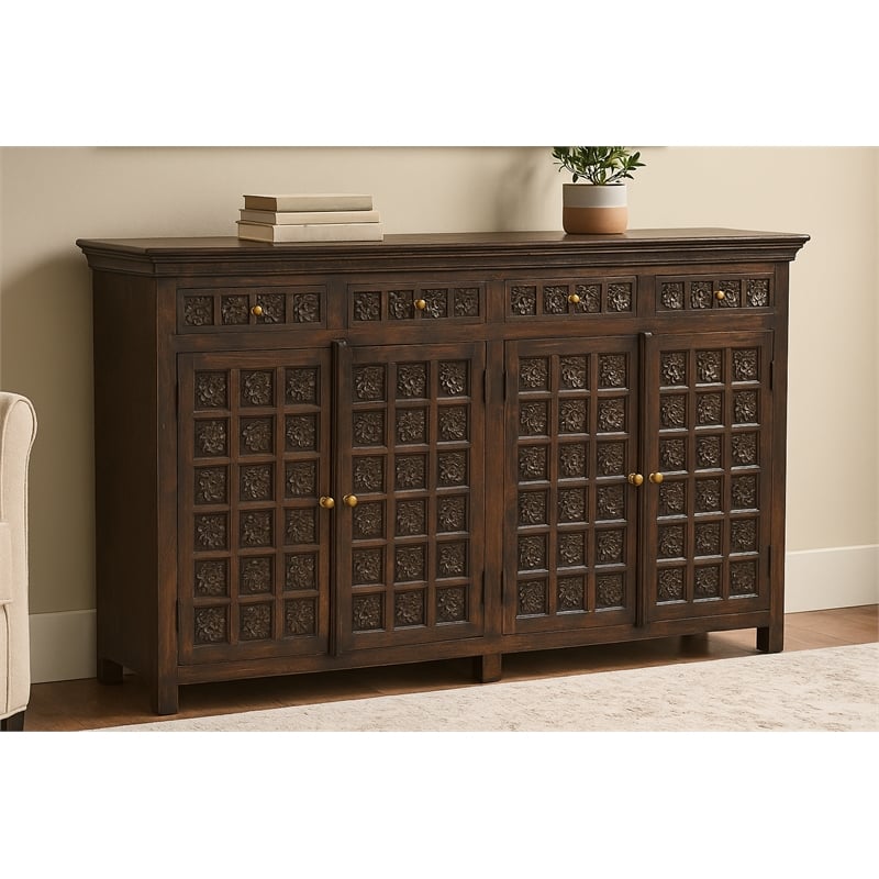 Pemberly Row 4-Door 4-Drawer Hand-Carved Sideboard in Antique Black
