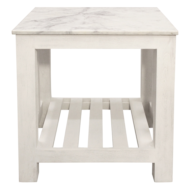 Pemberly Row White Marble End Table with Solid Wood Base in Sur Tone