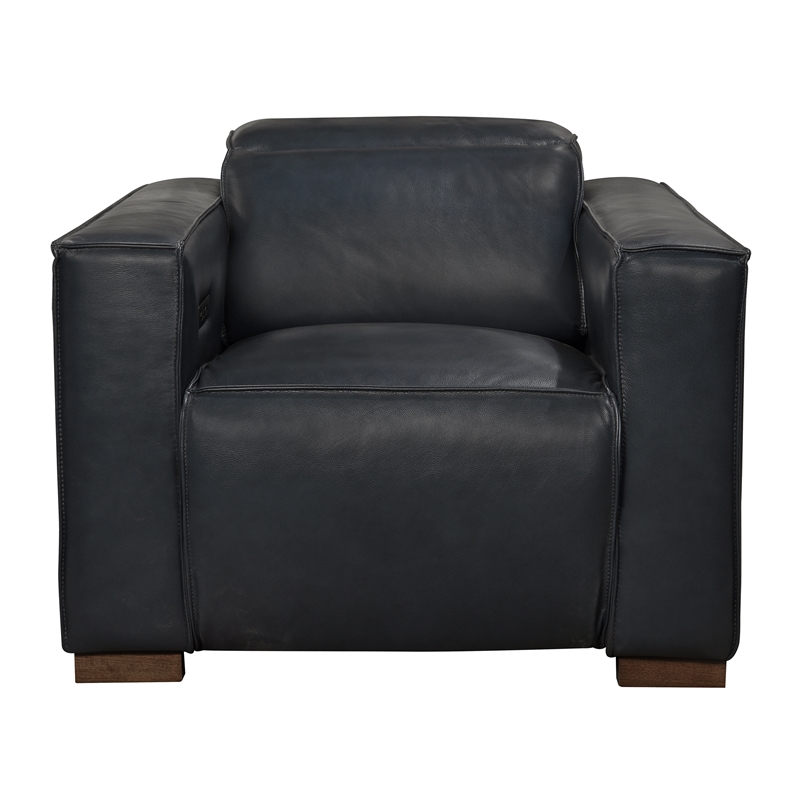Pemberly Row Full-Leather Power Reclining Lounge Chair in Blue with Brown Legs
