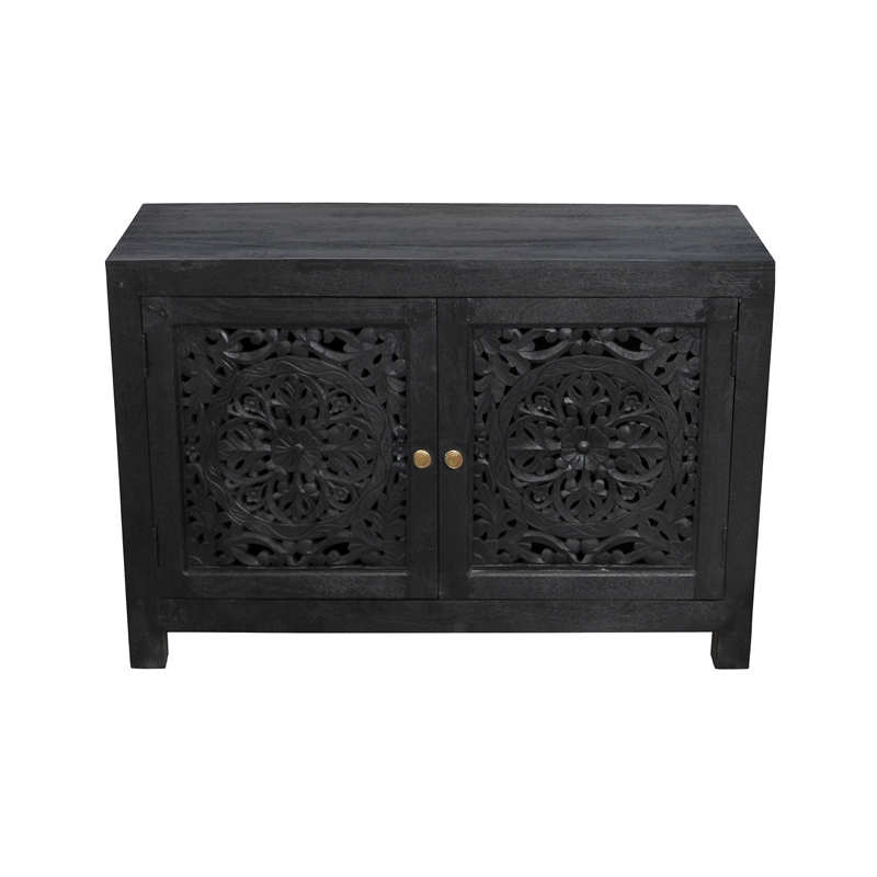 Pemberly Row Hand-Carved 2-Door Solid Mango Wood Sideboard in Charcoal Gray