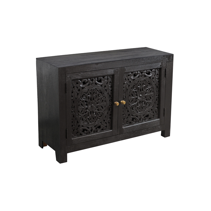 Pemberly Row Hand-Carved 2-Door Solid Mango Wood Sideboard in Charcoal Gray