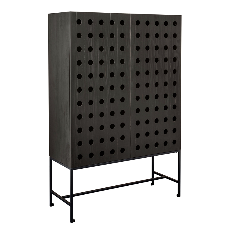 Pemberly Row Recycled Pine 2-Door Tall Cabinet in Antique Black with Iron Base
