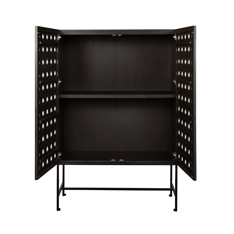 Pemberly Row Recycled Pine 2-Door Tall Cabinet in Antique Black with Iron Base