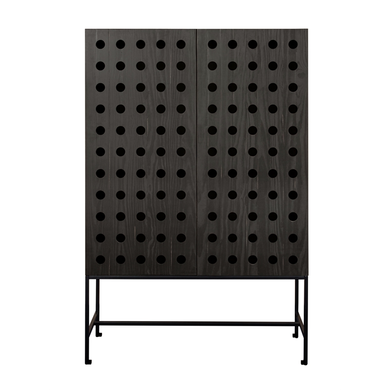 Pemberly Row Recycled Pine 2-Door Tall Cabinet in Antique Black with Iron Base