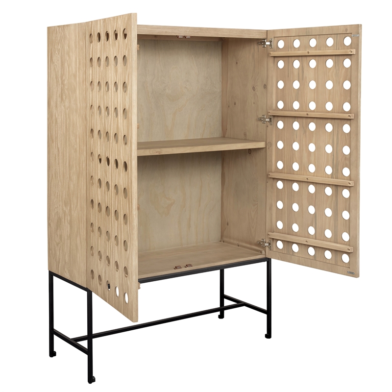 Pemberly Row Recycled Pine 2-Door Tall Cabinet in Sand Oak with Iron Base