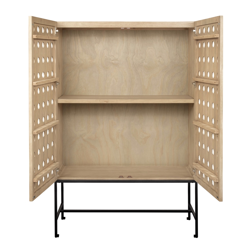 Pemberly Row Recycled Pine 2-Door Tall Cabinet in Sand Oak with Iron Base