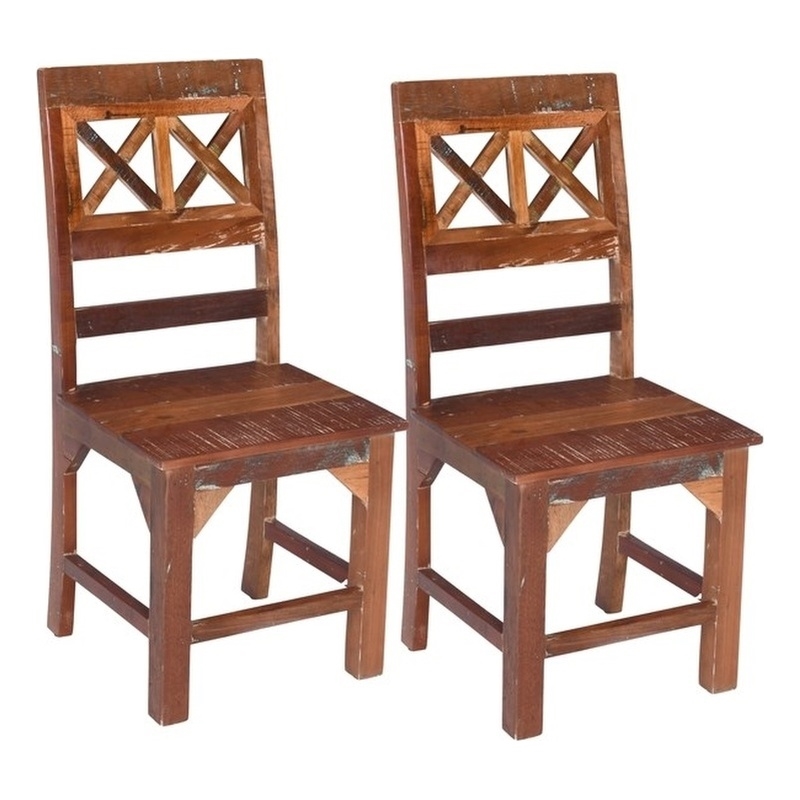Pemberly Row Set of 2 Reclaimed Wood Dining Chairs in Natural Brown