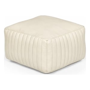 Pemberly Row Contemporary Genuine Leather Square Pouf in Ivory