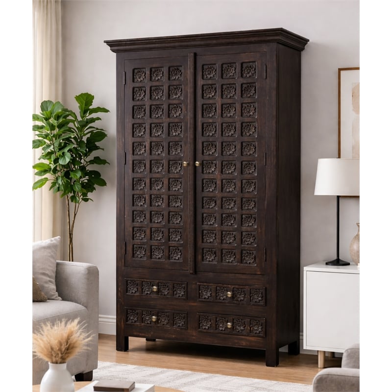 Pemberly Row Hand-Carved Solid Mango Wood Tall Cabinet in Antique Brown